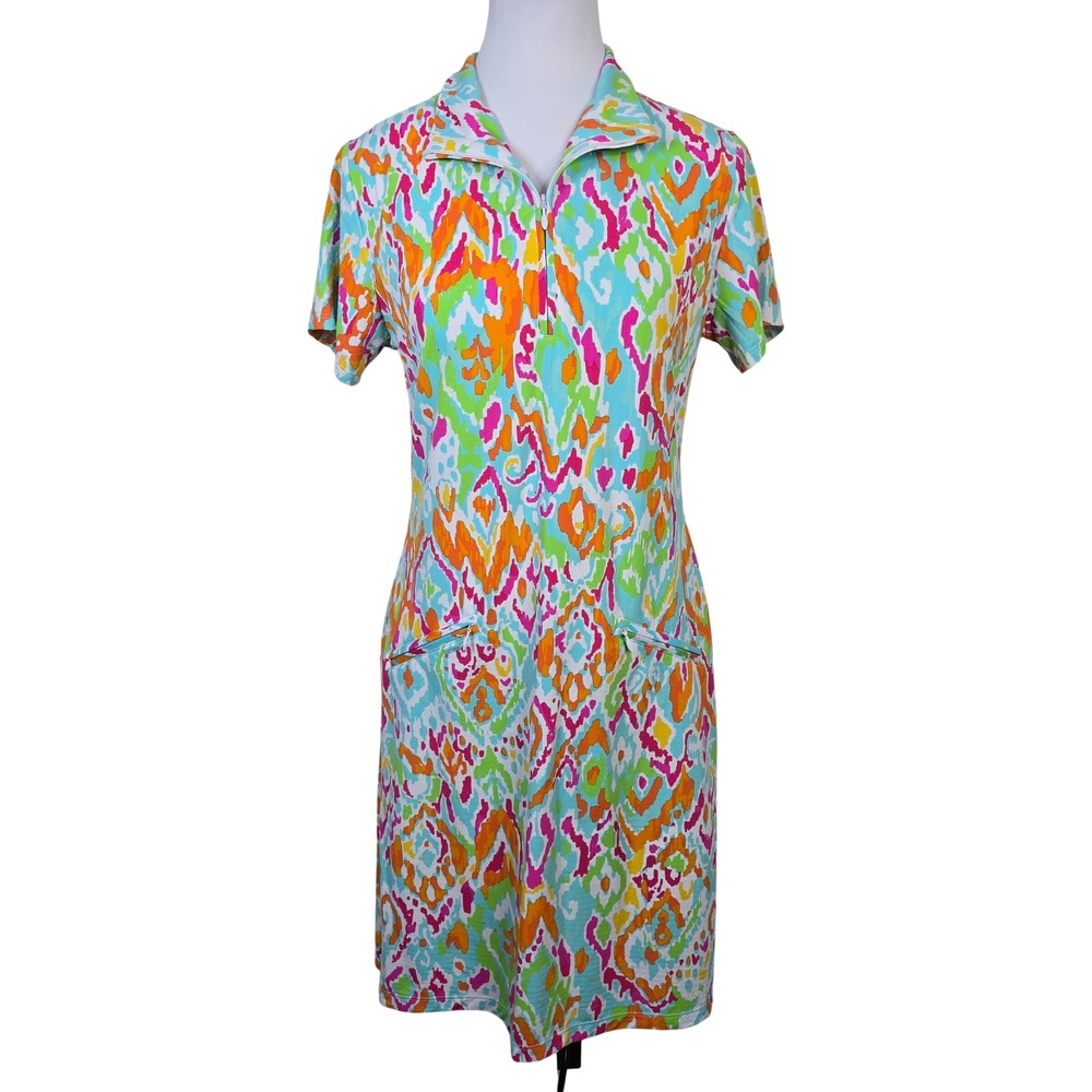 IBKÜL Womens Small UPF 50+ Short Sleeve Ikat Print‎ Quarter Zip Golf Dress Multi